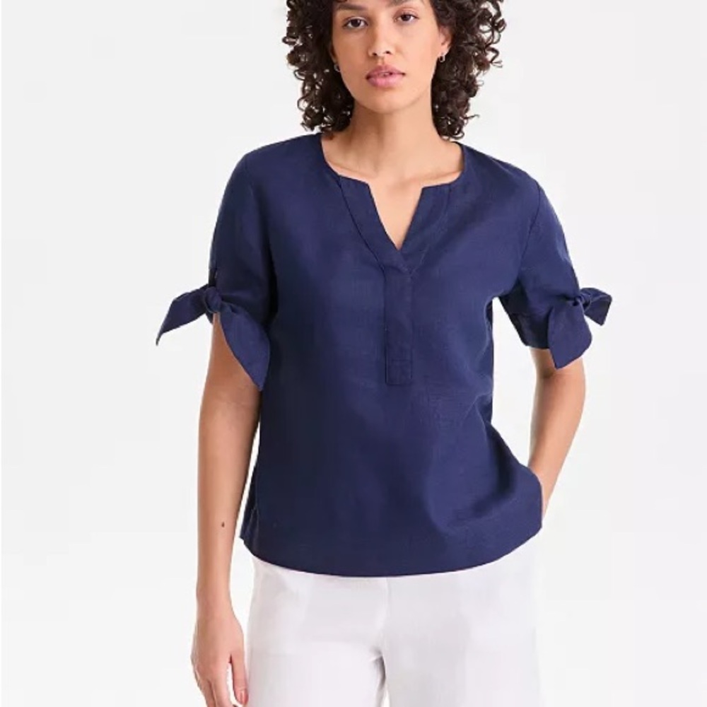 Charter Club 100% linen Navy Tie-Sleeve V-Notch Blouse L